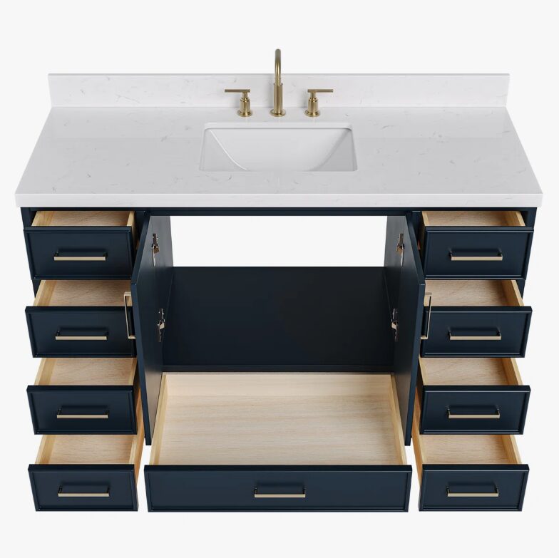 Luxury Navy Bathroom Vanity with Brushed Gold Pulls & Ample Soft-Close Storage