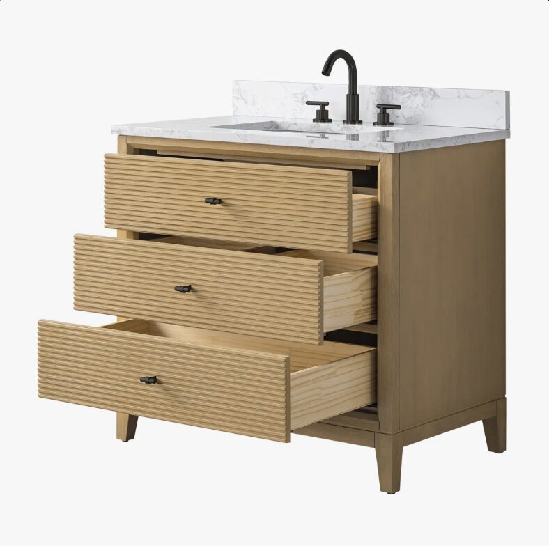 2 Large Storage Fluted Oak Bathroom Vanity with Full Soft-Close Solid Wood Drawers