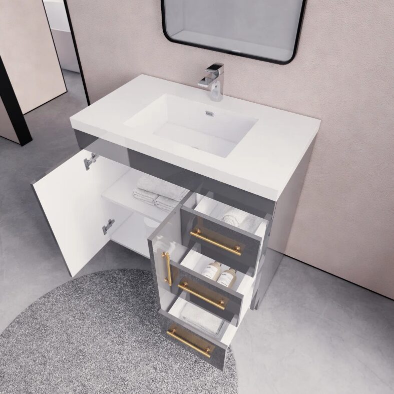 2 36" Modern Gloss Grey Bathroom Vanity Cabinet with Multi Storage & Gold Bar Hardware