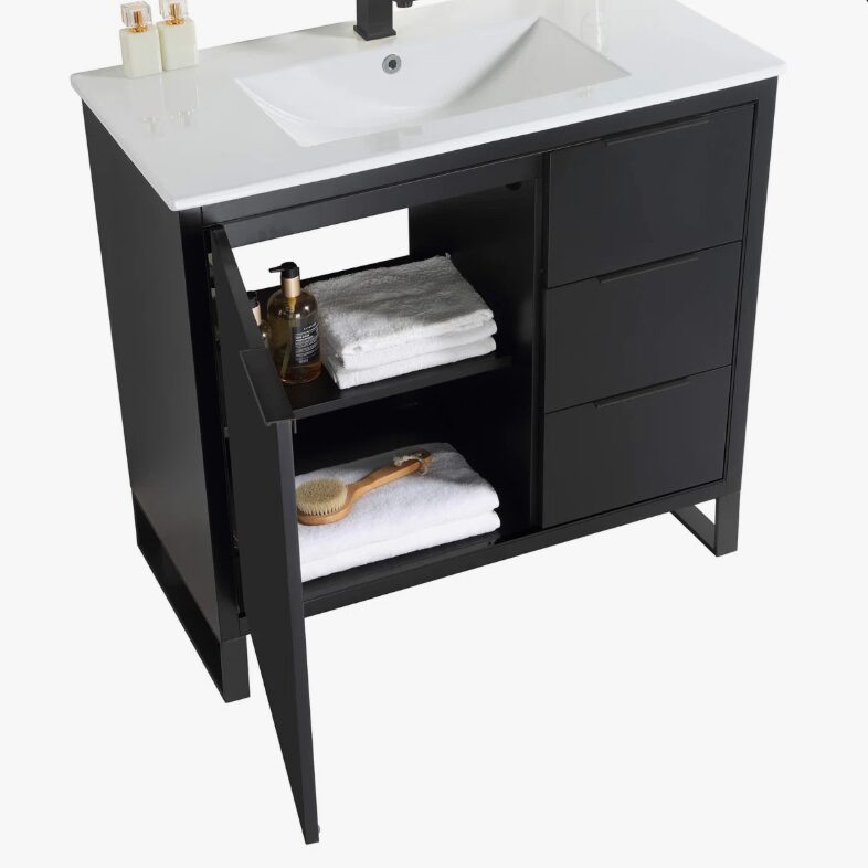 Industrial Style Black Bathroom Vanity with Split Storage Zones & Full Soft-Close Hardware