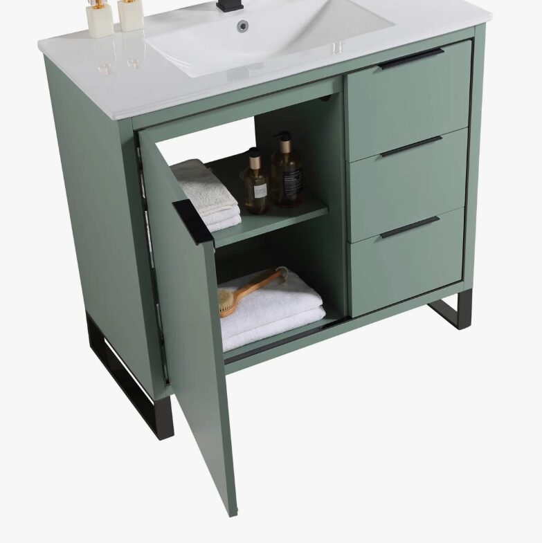 Contemporary Green Bathroom Vanity with Full Soft-Close Hardware & Adjustable Interior Shelf