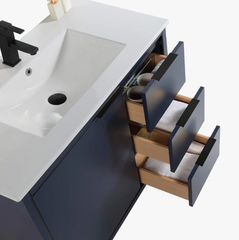 2 Minimalist Navy Bathroom Vanity with Full Soft-Close Hardware & Adjustable Interior Shelf