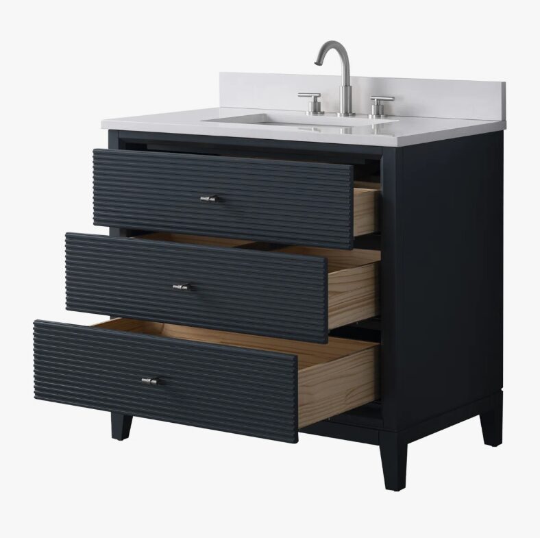 2 Large Storage Fluted Navy Bathroom Vanity with Full Soft-Close Solid Wood Drawers