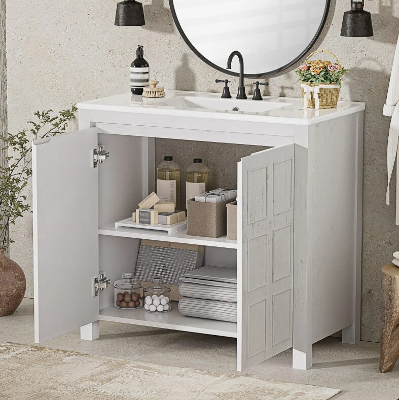 2 36" Rustic White Shaker Bathroom Vanity Cabinet with Vintage Distressed Wood Finish