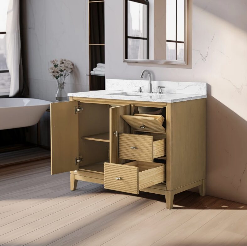 Contemporary Ribbed Wood Bathroom Vanity with Split Storage Layout & Full Soft-Close Hardware