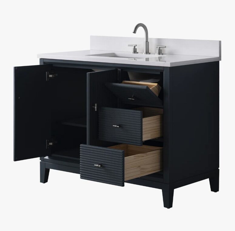 Contemporary Reeded Wood Bathroom Vanity with Split Storage & Full Anti-Slam Soft-Close Hardware