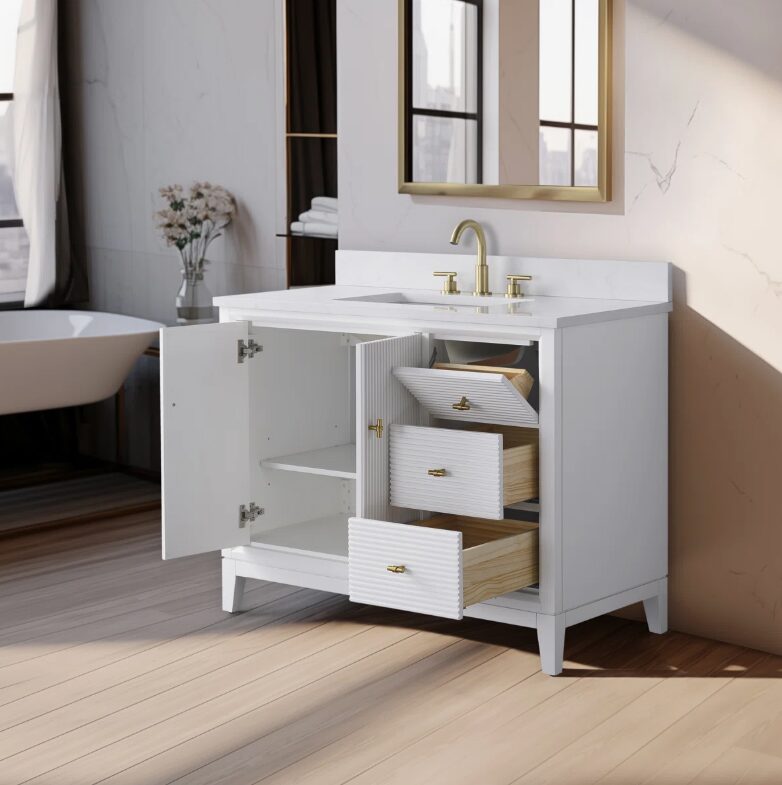 Contemporary Reeded Wood Bathroom Vanity with Split Storage Layout & Full Anti-Slam Soft-Close Hardware