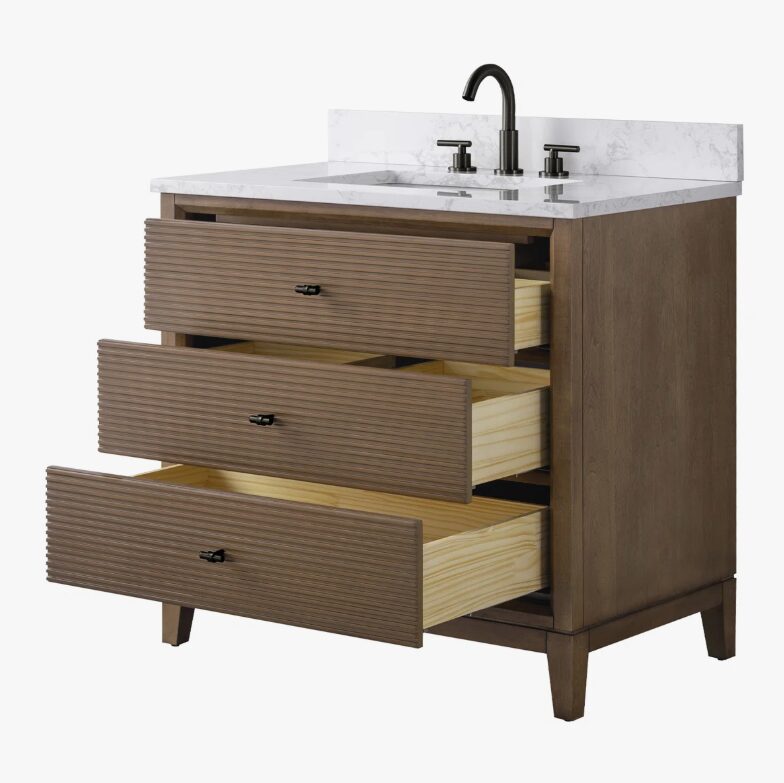 Spacious Storage Fluted Walnut Bathroom Vanity with Full Soft-Close Solid Wood Drawers