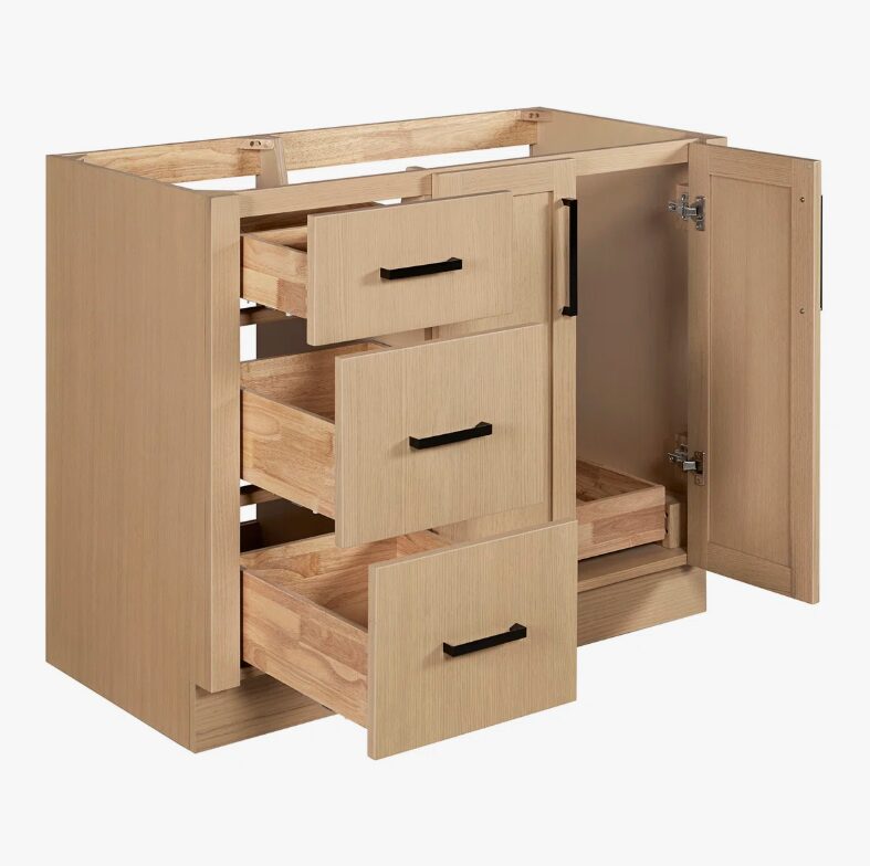 Contemporary Light Oak Wood Bathroom Vanity with Full Soft-Close Hardware & Solid Pine Drawer Boxes