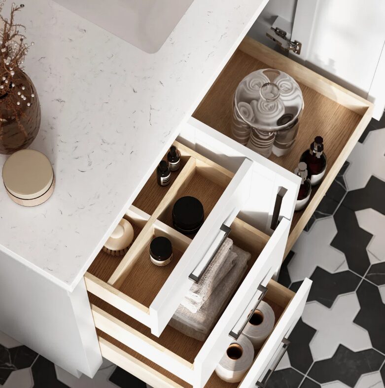 Minimalist White Wood Bathroom Vanity with Full Soft-Close Hardware & Solid Pine Drawer Boxes