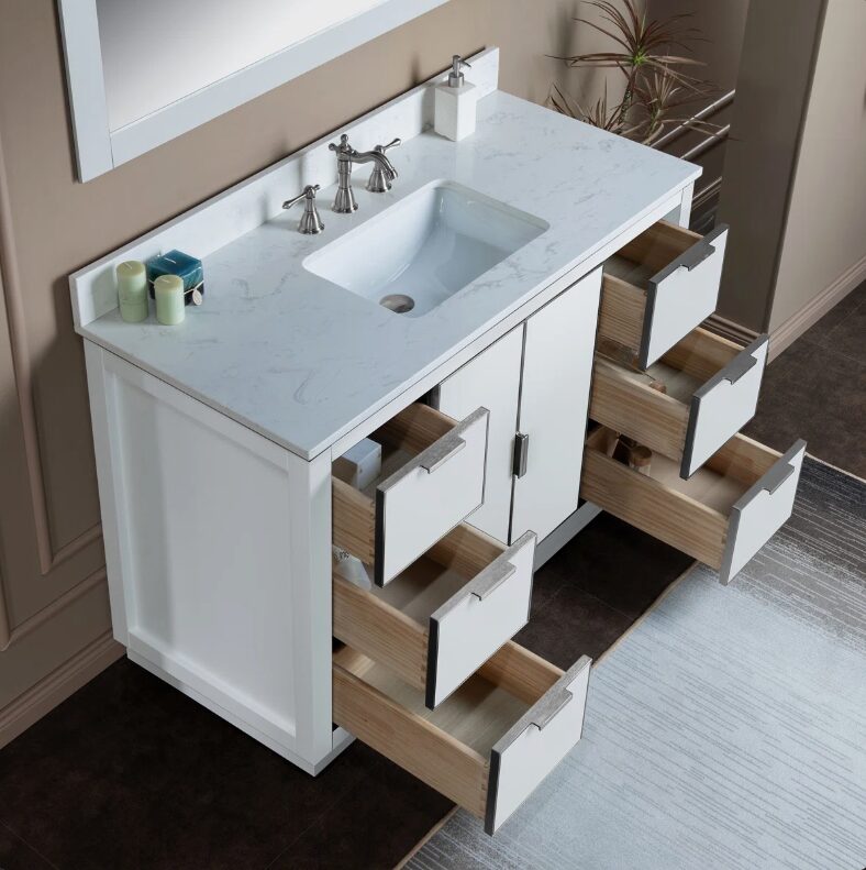 Contemporary Gloss White Bathroom Vanity with Full Soft-Close Slides & Natural Marble Countertop