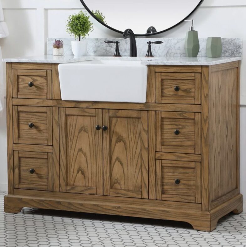 2 Transitional Rustic Oak Freestanding Bathroom Vanity with Soft-Close Hardware & Natural Marble Countertop