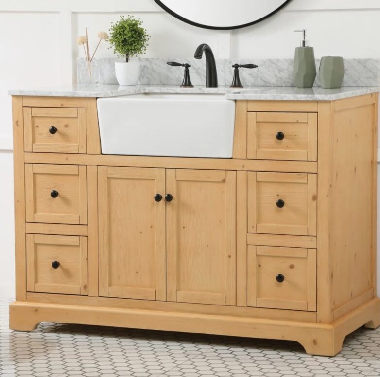 2 48" Unfinished Light Pine Farm Vanity Cabinet with Matte Black Knobs & Symmetric Multi-Drawer Storage