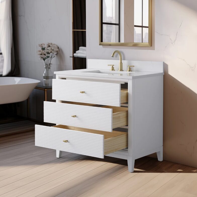2 Large Storage Fluted White Bathroom Vanity with Full Soft-Close Solid Wood Drawers