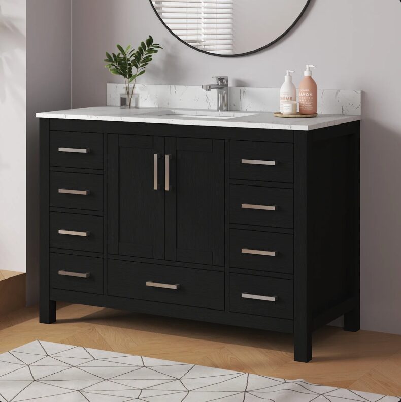 Transitional Matte Black Bathroom Vanity with Full Soft-Close Hardware & Solid Pine Drawer Boxes