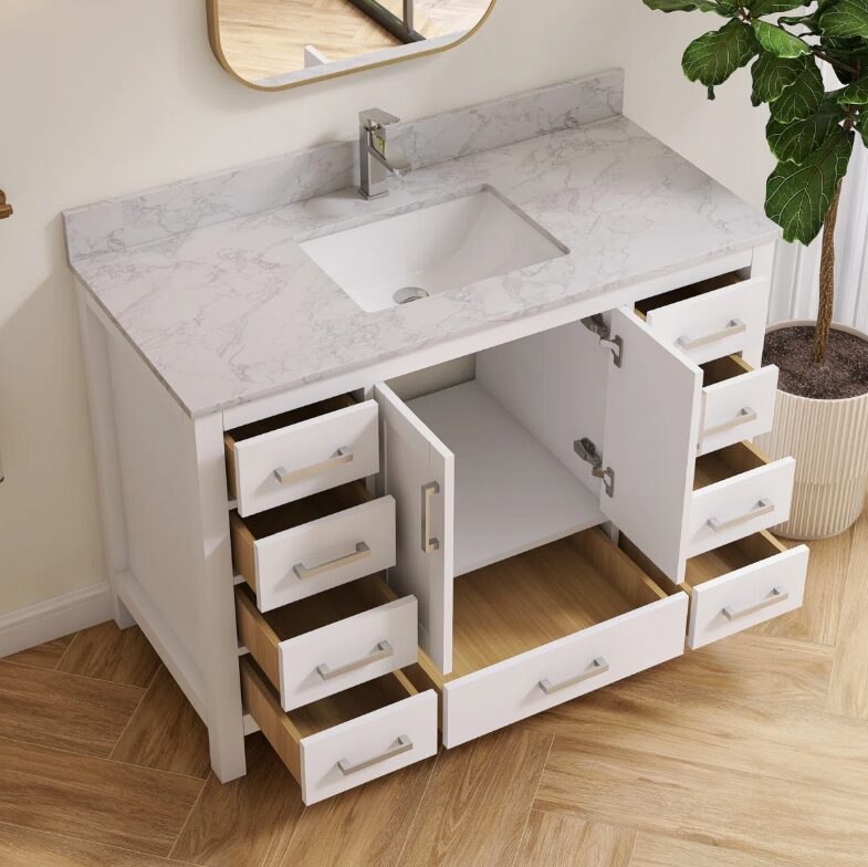 2 48" Modern White Bathroom Vanity Cabinet with Brushed Nickel Pulls & Symmetric Multi-Drawer Storage
