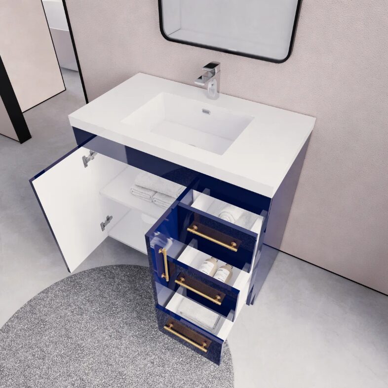 Luxury Gloss Navy Bathroom Vanity with Split Storage Zones & Soft-Close System