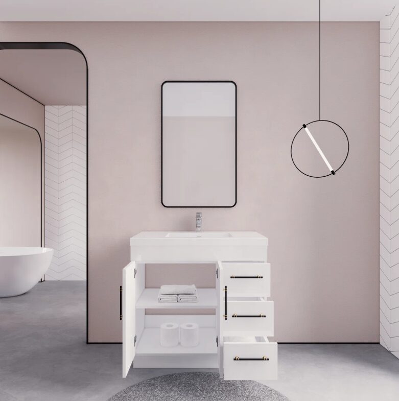 Minimalist Gloss White Bathroom Vanity with Separate Storage Zones & Full Soft-Close System