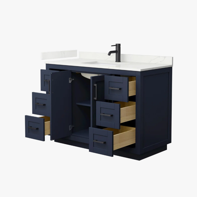 48" Modern Navy Shaker Vanity Cabinet with Matte Black Bar Pulls & Symmetric Multi-Drawer Storage