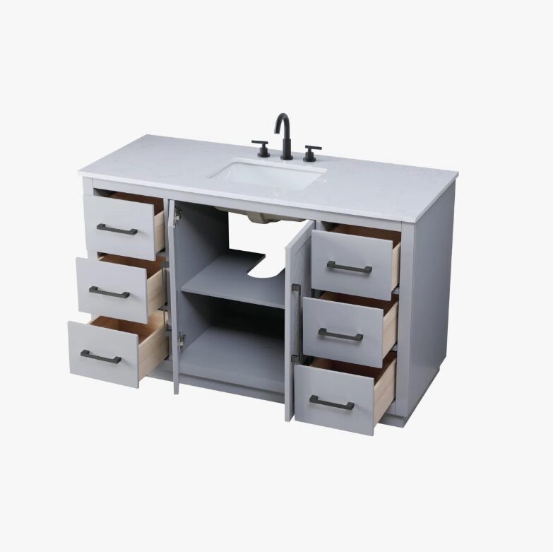54" Modern Grey Vanity Cabinet with Matte Black Pulls & Symmetric Multi-Drawer Storage