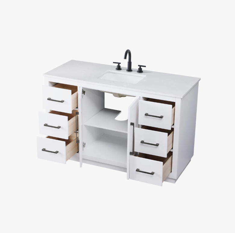 Transitional White Single Sink Vanity with Full Soft-Close Hardware & Solid Wood Drawer Boxes