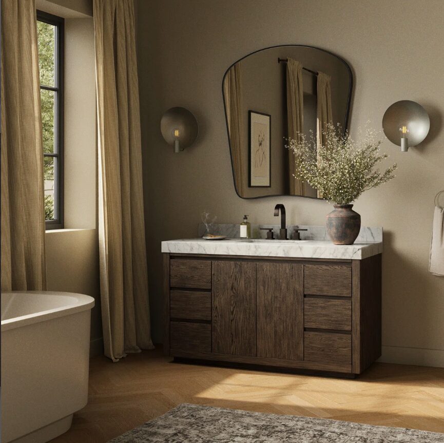 Contemporary Dark Oak Single Sink Vanity with Full Soft-Close Hardware & Large Internal Shelving