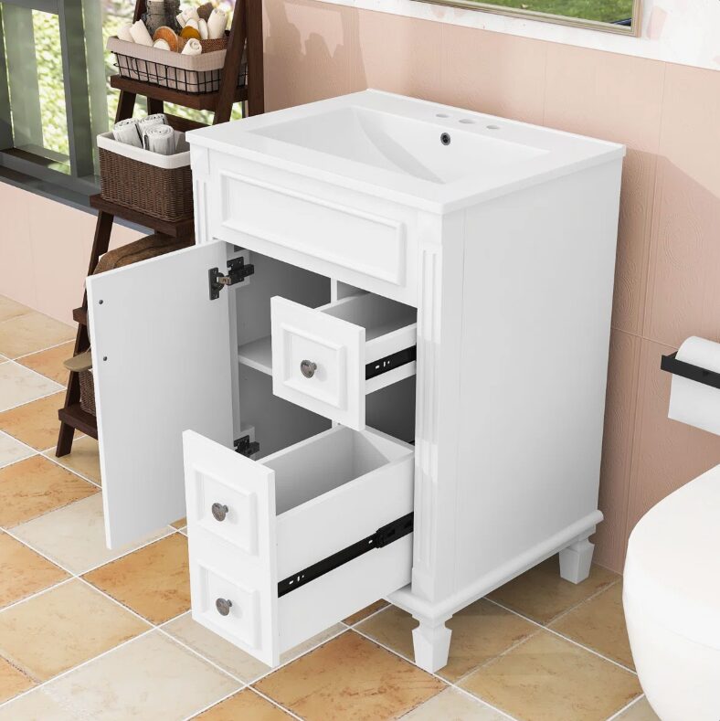 Classic White Bathroom Vanity with Soft Close Drawers Multi-Zone Storage & Decorative Wood Legs
