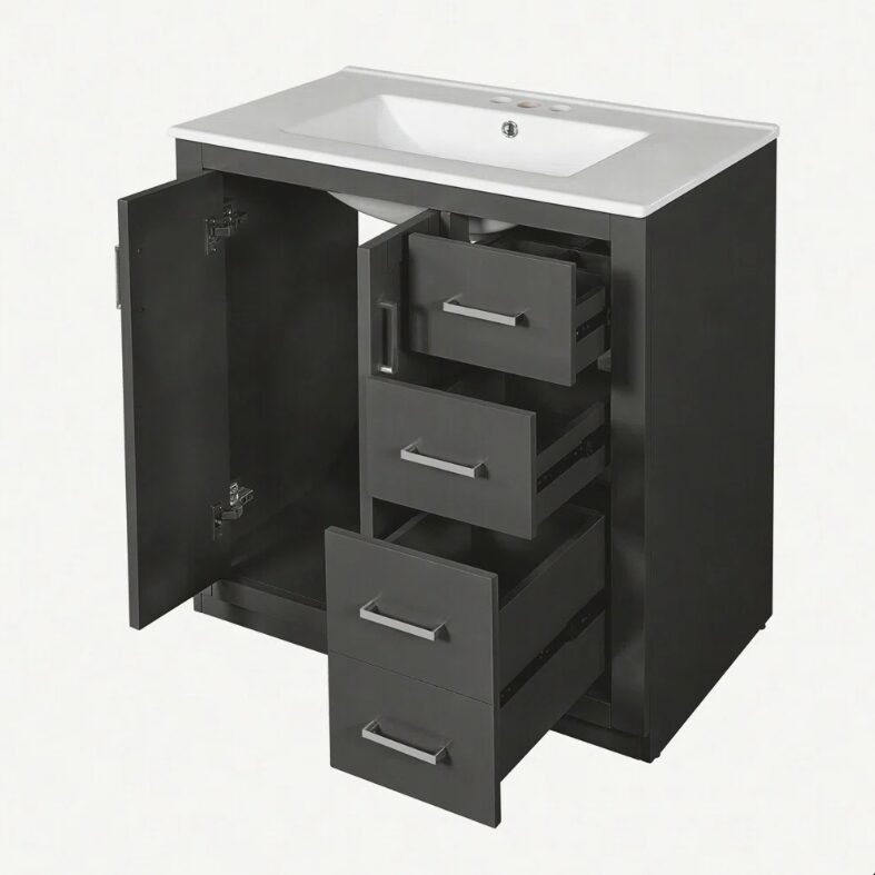 2 Contemporary Herringbone Bathroom Vanity Soft Close Drawers Spacious Split Storage Layout
