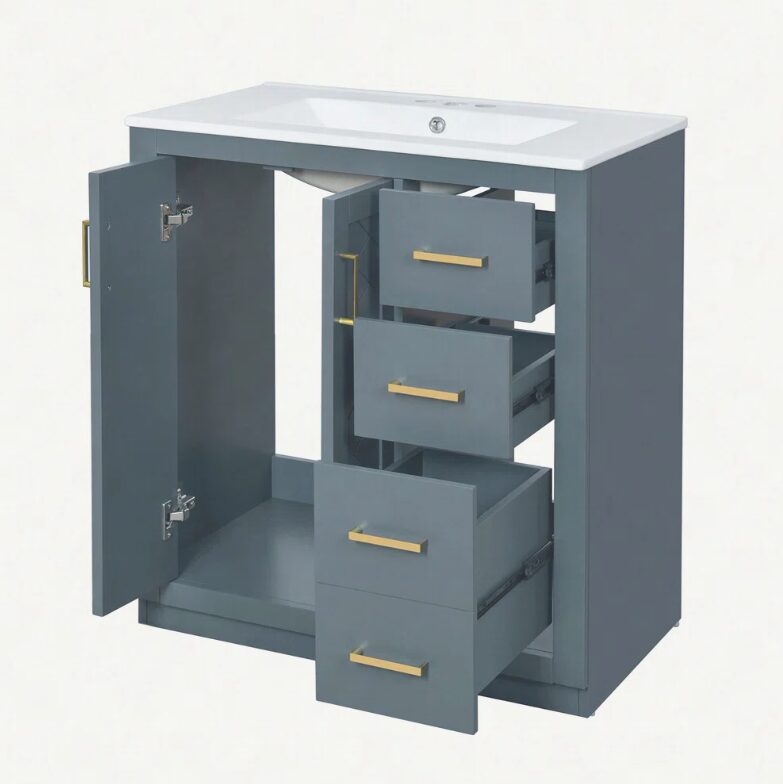 2 Minimalist Grey Bathroom Vanity Soft Close Drawers Split Side Storage Layout