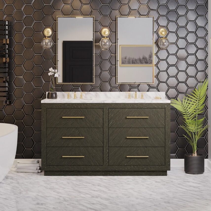 60" Modern Dark Wood Double Vanity Cabinet All Drawer Storage & Marble Countertop