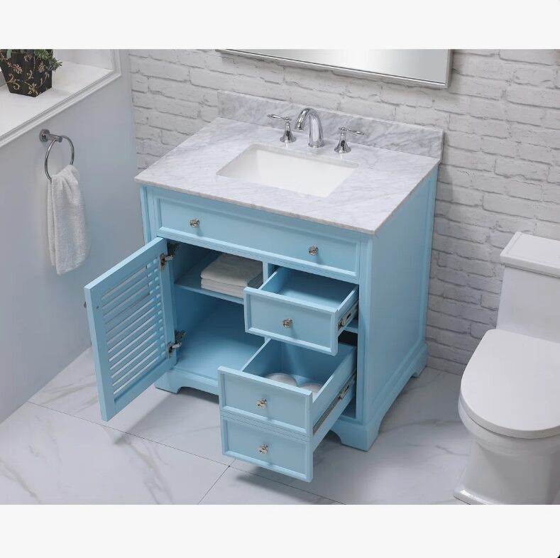 2 Pastel Blue Louver Bathroom Vanity Soft Close Drawers Multi-Zone Organized Storage Layout