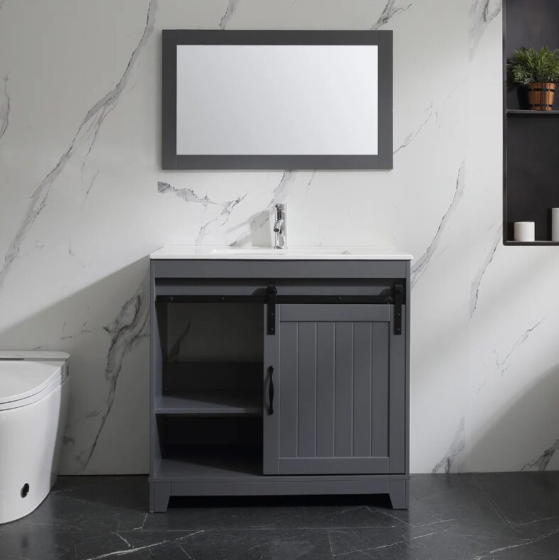 2 Rustic Farmhouse Grey Sliding Barn Door Vanity Spacious Dual Storage Design
