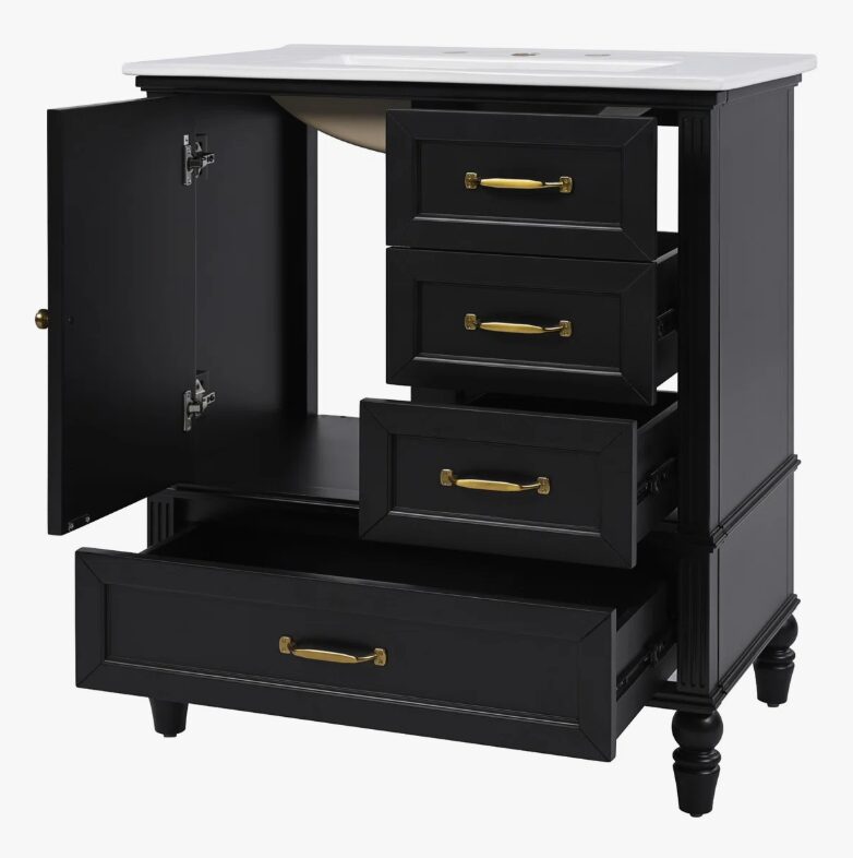 2 Vintage Traditional Black Bathroom Vanity Soft Close Drawers Large Split Storage Layout