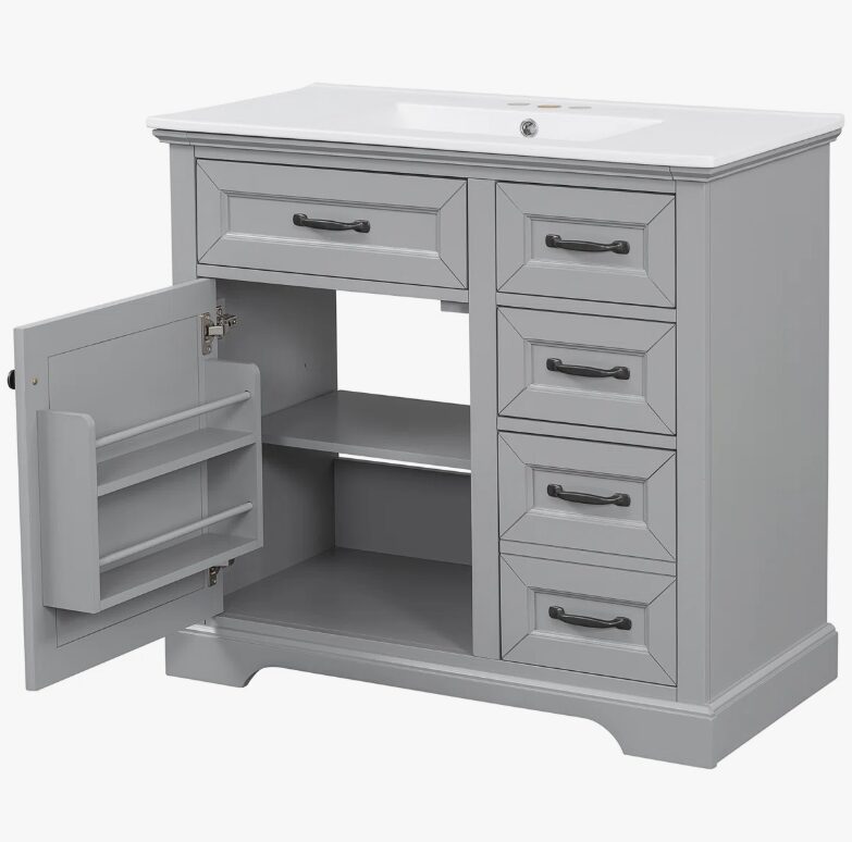 2 Classic Shaker Grey Bathroom Vanity Soft Close Drawers Multi-Zone Organized Storage