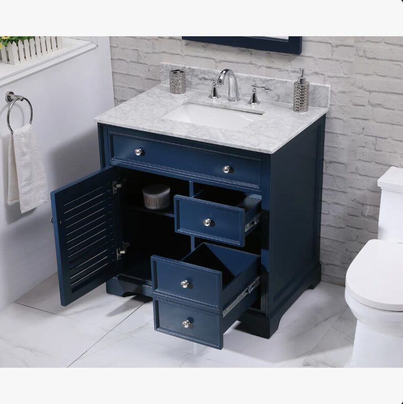 Coastal Navy Louver Bathroom Vanity Soft Close Drawers Multi-Zone Storage Layout