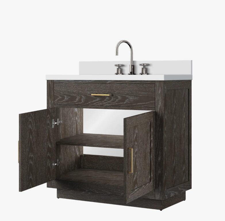 2 Contemporary Dark Wood Grain Bathroom Vanity Soft Close Doors Spacious Organized Storage