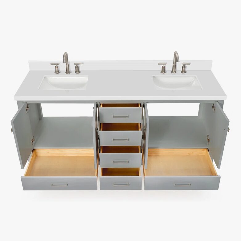 Modern Shaker Grey Double Sink Vanity Soft Close Drawers & Flexible Cabinet Storage Layout