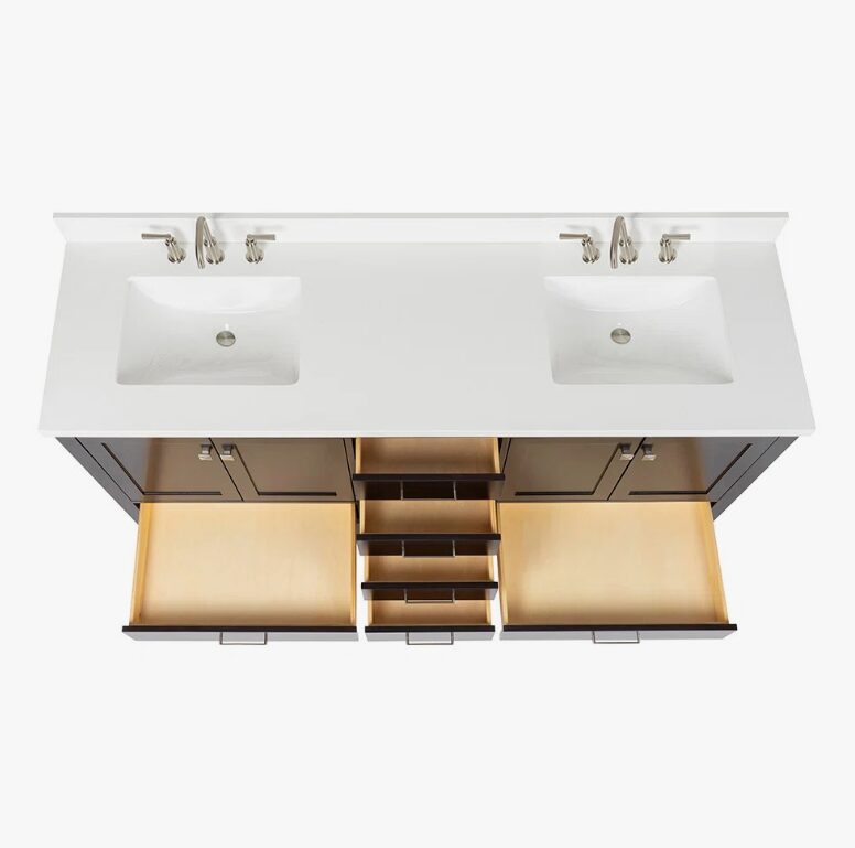 2 Modern Espresso Double Sink Vanity Soft Close Drawers Multi-Zone Classified Storage Layout