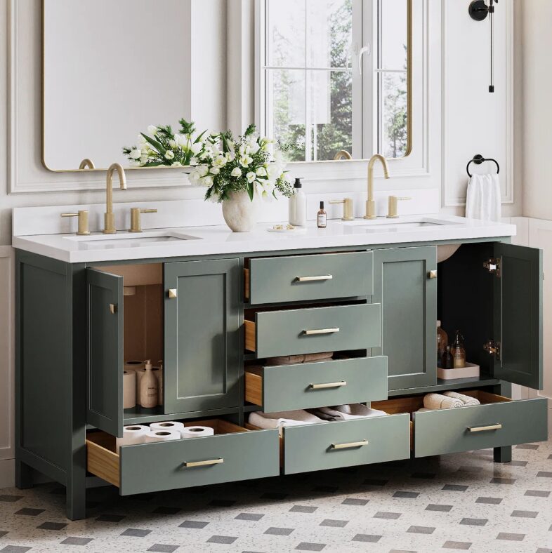 Modern Sage Green Double Vanity Soft Close Drawers Multi-Zone Classified Storage Layout