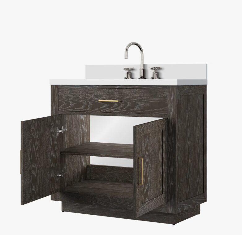 Contemporary Dark Oak Bathroom Vanity Soft Close Cabinet Doors Spacious Internal Storage
