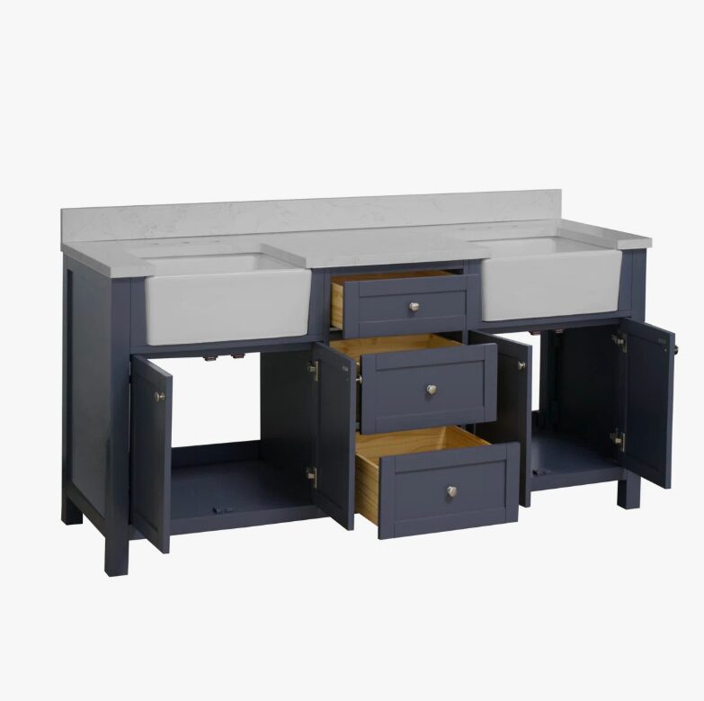 2 72" Freestanding Navy Double Farm Sink Vanity Cabinet with Symmetrical Storage