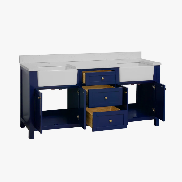2 72" Freestanding Navy Double Farm Sink Vanity Cabinet with Balanced Storage Layout