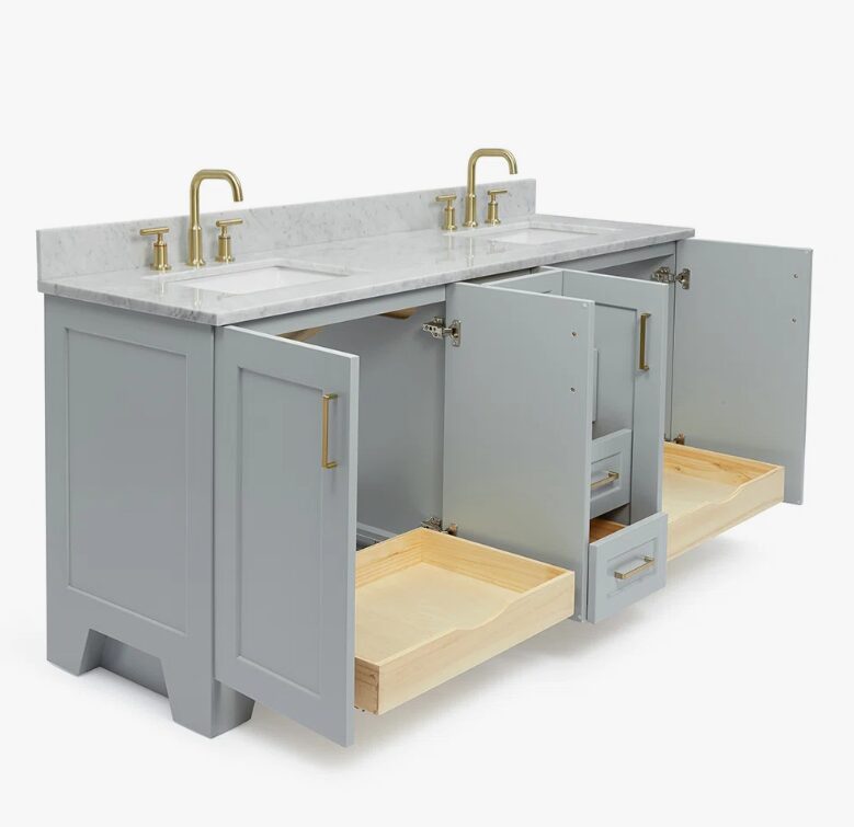 Modern Shaker Light Gray Double Sink Vanity Soft Close Drawers & Spacious Side Cabinet Storage