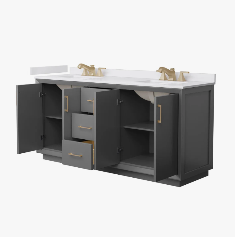 Modern Grey Shaker Double Vanity with Soft Close Drawers & Spacious Side Cabinet Storage
