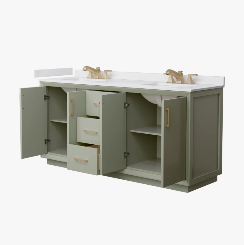Modern Sage Green Shaker Double Vanity with Soft Close Drawers & Spacious Side Cabinets