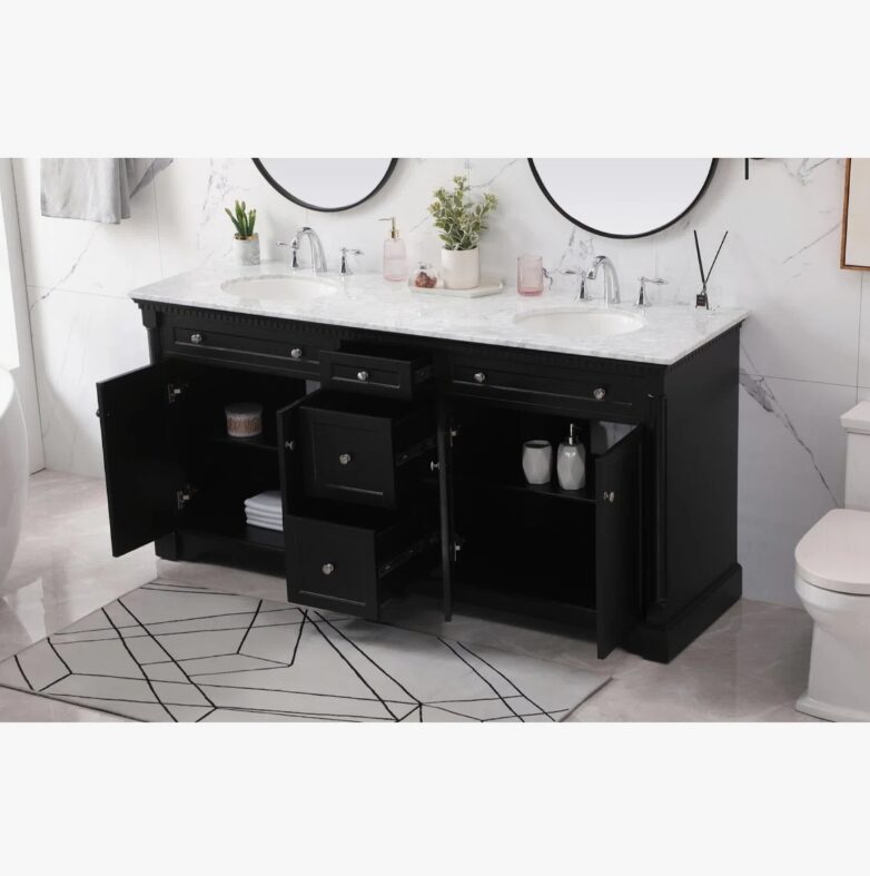 2 72 Inch Traditional Matte Black Double Sink Bathroom Vanity, Carrara White Marble Top & Chrome Knob Hardware