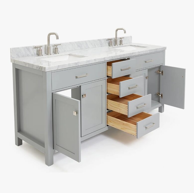 72 Inch Light Gray Shaker Double Sink Bathroom Vanity, Carrara White Marble Countertop & Brushed Nickel Hardware