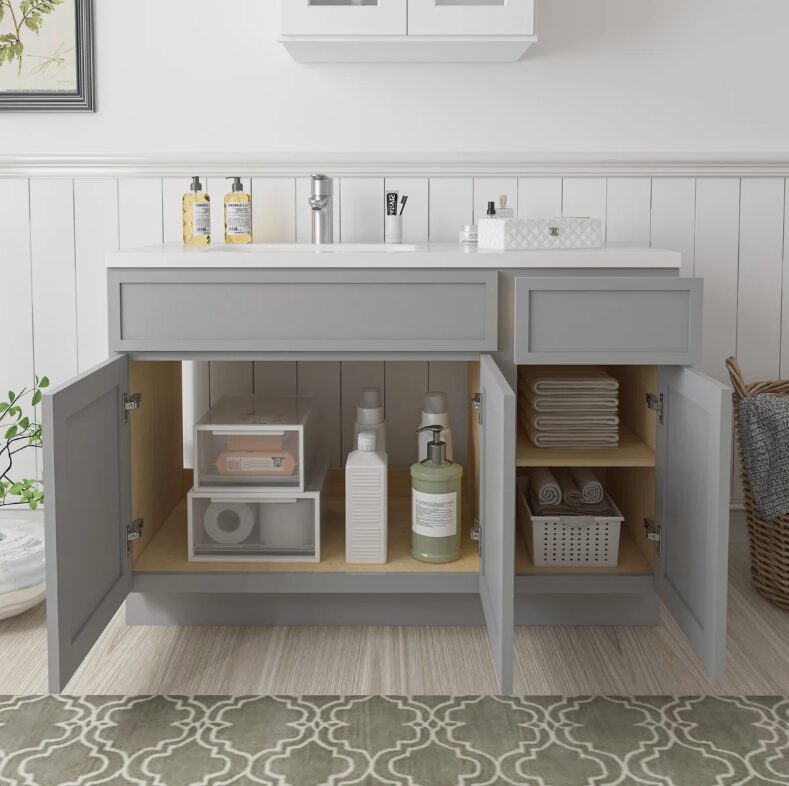 Neutral Light Gray Shaker Vanity Base Cabinet with Large Divided Storage for Bathroom Remodel