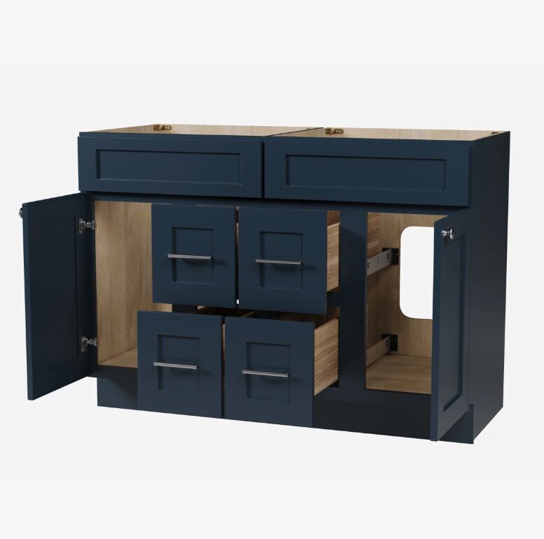 Spacious Navy Shaker Double Vanity Base with Multi-Drawer Storage for Master Bath Renovation