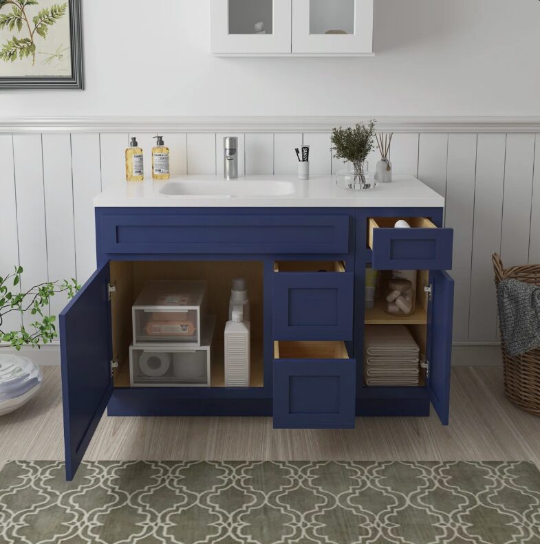 48 Inch Navy Blue Shaker Bathroom Vanity Base Cabinet Only, 3 Soft Close Drawers & 2 Soft Close Doors